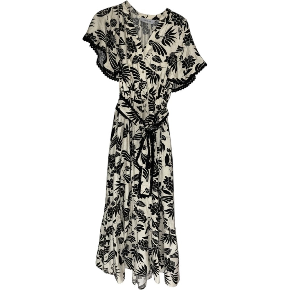 Callie Mac Maxi Dress Women S White Black Floral Lace Trim Flutter Sleeve Belted